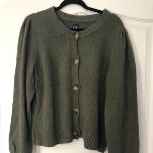 GAP Puff Sleeve Large Button Cardigan Sweater- Moss Green L